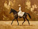 Vrouw te paard, olieverf in diep kastanje en goud, schilderachtig olieverf schilderij, vrouw te paard