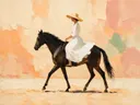 Vrouw te paard, olieverf in diep perzik en abrikoos, schilderachtig olieverf schilderij, vrouw te paard
