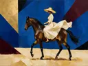 Vrouw te paard, olieverf in diep royal blauw, schilderachtig olieverf schilderij, vrouw te paard
