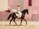 Vrouw te paard, olieverf in diep stoffig roze, schilderachtig olieverf schilderij, vrouw te paard