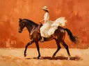 Vrouw te paard, olieverf in diep terracotta, schilderachtig olieverf schilderij, vrouw te paard