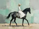 Vrouw te paard, olieverf in diep zeegroen, schilderachtig olieverf schilderij, vrouw te paard