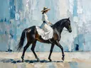 Vrouw te paard, olieverf in diep zilver en ijsblauw, schilderachtig olieverf schilderij, vrouw te paard