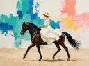 Vrouw te paard, olieverf in donker fel jade, schilderachtig olieverf schilderij, vrouw te paard