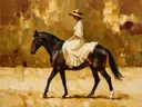 Vrouw te paard, olieverf in donker kastanje en goud, schilderachtig olieverf schilderij, vrouw te paard