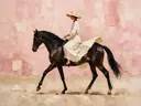 Vrouw te paard, olieverf in donker stoffig roze, schilderachtig olieverf schilderij, vrouw te paard