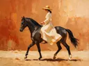 Vrouw te paard, olieverf in donker terracotta, schilderachtig olieverf schilderij, vrouw te paard