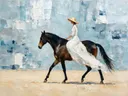 Vrouw te paard, olieverf in donker zilver en ijsblauw, schilderachtig olieverf schilderij, vrouw te paard