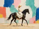 Vrouw te paard, olieverf in fel jade, schilderachtig olieverf schilderij, vrouw te paard