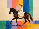Schilderachtig olieverf schilderij, vrouw te paard in fel koraal