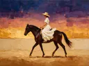 Vrouw te paard, olieverf in gouden uur, schilderachtig olieverf schilderij, vrouw te paard
