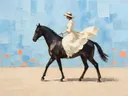Vrouw te paard, olieverf in hemelsblauw, schilderachtig olieverf schilderij, vrouw te paard