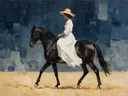 Schilderachtig olieverf schilderij, vrouw te paard in inkt en steen