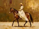 Vrouw te paard, olieverf in kastanje en goud, schilderachtig olieverf schilderij, vrouw te paard