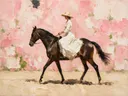 Schilderachtig olieverf schilderij, vrouw te paard in kersenbloesem