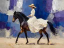 Schilderachtig olieverf schilderij, vrouw te paard in kobalt en violet
