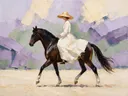 Schilderachtig olieverf schilderij, vrouw te paard in lavendelvelden