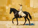 Schilderachtig olieverf schilderij, vrouw te paard in mosterd en kobalt