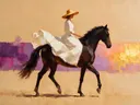 Schilderachtig olieverf schilderij, vrouw te paard in paars en goud