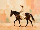 Vrouw te paard, olieverf in perzik en abrikoos, schilderachtig olieverf schilderij, vrouw te paard