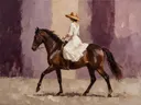 Schilderachtig olieverf schilderij, vrouw te paard in pruim