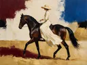 Vrouw te paard, olieverf in royal blauw, schilderachtig olieverf schilderij, vrouw te paard