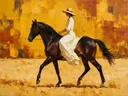 Schilderachtig olieverf schilderij, vrouw te paard in saffraan en roest