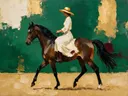 Schilderachtig olieverf schilderij, vrouw te paard in smaragd en zwart
