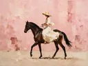 Vrouw te paard, olieverf in stoffig roze, schilderachtig olieverf schilderij, vrouw te paard