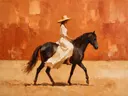 Vrouw te paard, olieverf in terracotta, schilderachtig olieverf schilderij, vrouw te paard