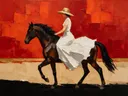 Schilderachtig olieverf schilderij, vrouw te paard in vuurrood