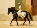 Vrouw te paard, olieverf in warm kastanje en goud, schilderachtig olieverf schilderij, vrouw te paard