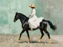 Vrouw te paard, olieverf in zeegroen, schilderachtig olieverf schilderij, vrouw te paard