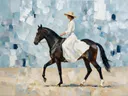 Vrouw te paard, olieverf in zilver en ijsblauw, schilderachtig olieverf schilderij, vrouw te paard