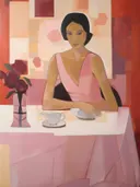 Kubistisch gestileerd portret van een vrouw aan tafel met theekopje en rozen in roze en rode tinten