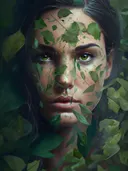 Portret van een vrouw bedekt met bladeren