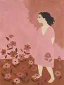 Vrouw tussen roze bloemen in poederroze en bruin, botanisch schilderij