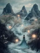Kleine figuur in jurk tussen zwevende lantaarns en scherpe bergtoppen in de mist