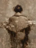 Schilderij: vrouw uitgeveegd en op de rug gezien in taupe