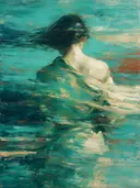 Schilderij: vrouw uitgeveegd en op de rug gezien in turquoise