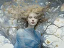 Surrealistisch portret van een vrouw met haar dat overgaat in boomtakken
