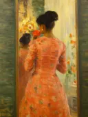 Impressionistisch schilderij van vrouw met bloemen voor een spiegel