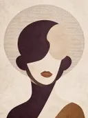 Vrouw voor een cirkel in aubergine, mid-century modern schilderij