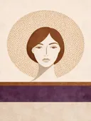 Vrouw voor een cirkel in aubergine, mid-century modern schilderij
