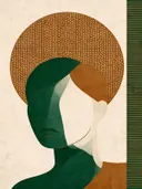 Vrouw voor een cirkel in bosgroen, mid-century modern schilderij