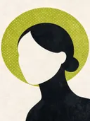 Vrouw voor een cirkel in chartreuse, mid-century modern schilderij