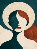 Vrouw voor een cirkel in diep zeegroen, mid-century modern schilderij