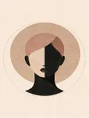 Vrouw voor een cirkel in kleiroze, mid-century modern schilderij