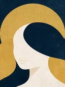 Vrouw voor een cirkel in middernachtblauw, mid-century modern schilderij