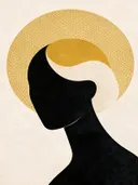 Vrouw voor een cirkel in mosterdgeel, mid-century modern schilderij
